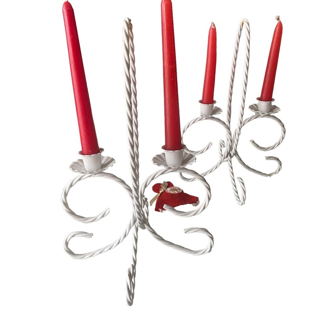 White Wrought Iron Twisted Metal Two Armed Candlestick Holders Set Of 2